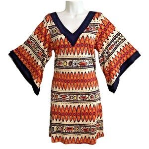Trina Turk Silk Sheath Dress Womens Size 2 Tribal V-Neck Kaftan Sleeves Artsy